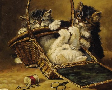  UNE Pintura al %C3%B3leo - gatitos en una canasta Alfred Brunel de Neuville